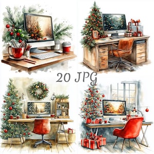 Może przedstawiać: Akwarelowe ilustracje świątecznych aranżacji domowych biur. Każda scena przedstawia udekorowaną choinkę, komputer wyświetlający zimowy krajobraz i świąteczne dekoracje. Tekst "20 JPG" znajduje się pośrodku.