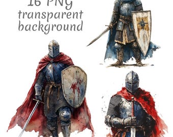 May include: Watercolor illustrations of medieval knights in full armor, each holding a sword and shield. The knights are depicted in various poses, with red and blue capes. The image includes the text "16 PNG transparent background".