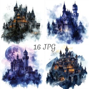 May include: Four watercolour paintings of a dark grey castle with white windows and a pointed roof. The castle is surrounded by trees and fog. The paintings are set against a white background.