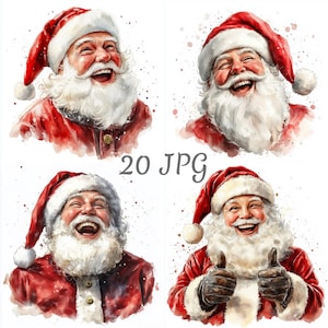 May include: Watercolor illustrations of Santa Claus in a red suit and hat, with a white beard and a joyful expression. The image includes the text "20 JPG". The illustrations are in a watercolor style.
