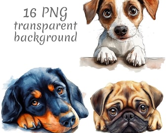 16 Whimsical sad dog watercolor clipart PNG. Digital Download, junk journals, transparent background, high quality, scrapbooking card making