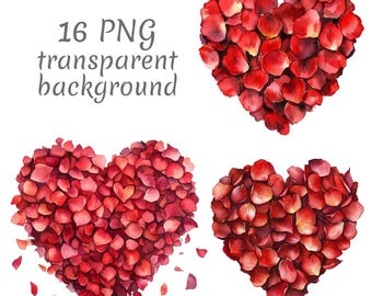 16 Romantic Red Rose Petal heart Watercolor Clipart PNG. Digital Download junk journals, transparent background, scrapbooking, Card Making