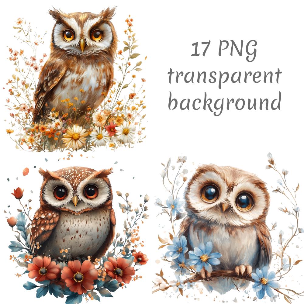 17 Realistic Owl in flowers Clipart PNG, Digital Download, junk journals, transparent background, hi