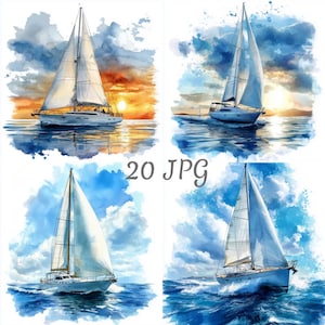 Puede incluir: Cuatro acuarelas de veleros en el agua. Cada pintura presenta un velero blanco con un fondo de cielo azul y agua. Los veleros son de diferentes tamaños y tienen diferentes ángulos de sus velas.