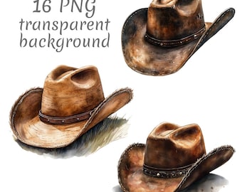 16 Cowboy Hat Watercolor Clipart PNG, Digital Download, Junk Journals, Transparent Background High Quality Paper Craft