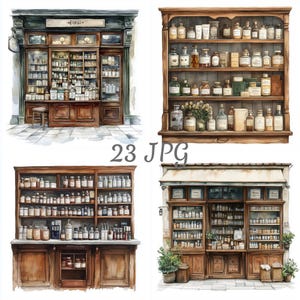 Puede incluir: Ilustraciones en acuarela de tiendas de boticarios vintage y estanterías llenas de botellas y frascos de vidrio. Las imágenes muestran gabinetes de madera detallados y escaparates, evocando el encanto del viejo mundo.