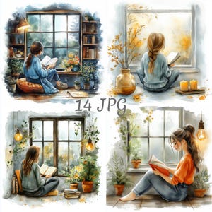 14 Girl reading by window watercolor clipart JPG, Digital Download, Junk Journals, Paper Craft, Watercolor, Card Making, Scrapbooking