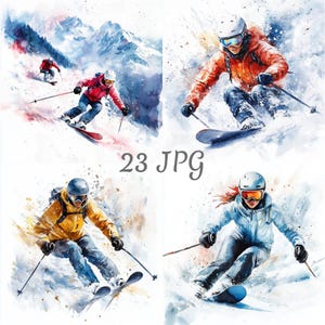23 Snow skiing watercolor clipart JPG, Digital Download, Junk Journals, Paper Craft, Watercolor, Card Making, Scrapbooking