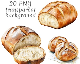 20 imágenes prediseñadas de acuarela de pan fresco PNG, descarga digital, revistas basura, fondo transparente, alta calidad, manualidades de papel, fabricación de tarjetas