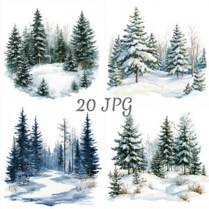20 snöig skog akvarell clipart JPG, digital nedladdning, skräpjournaler, papperspyssel, korttillverkning, clipart, scrapbooking