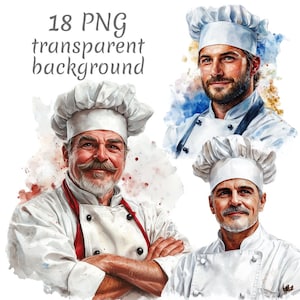 Pode incluir: Ilustrações em aquarela de três chefs em uniformes e chapéus brancos. Os chefs têm vários tons de pele e pelos faciais. O texto "18 PNG transparent background" está no topo. As imagens têm um efeito aquarela.