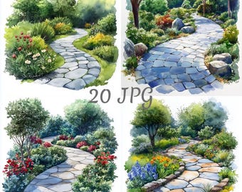 May include: Watercolor illustrations of garden paths winding through lush greenery and colorful flowers. The paths are made of stone, and the images have a soft, artistic feel. The text "20 JPG" is visible in the center.