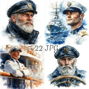 Ensemble de 22 cliparts capitaine de navire JPG, téléchargement numérique, journaux indésirables, créations en papier, aquarelle, fabrication de cartes, scrapbooking