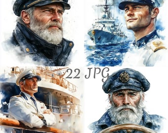 May include: A collection of watercolour illustrations depicting nautical themes. The image shows four portraits of sailors and captains in navy blue uniforms and caps. One image shows a ship at sea. The style is reminiscent of vintage nautical art.