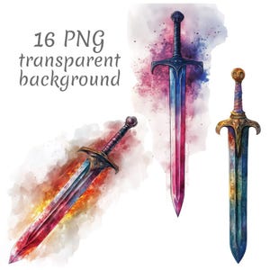 16 Fantasy sword watercolor clipart PNG, Digital Download, Junk Journals, Paper Craft, Watercolor, Card Making, Clip Art, scrapbooking