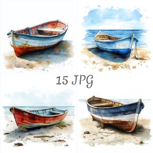 15 Vecchia barca in riva al mare clipart acquerello JPG Download digitale, diari di scarto, artigianato di carta, acquerello, creazione di biglietti, clip art, scrapbooking