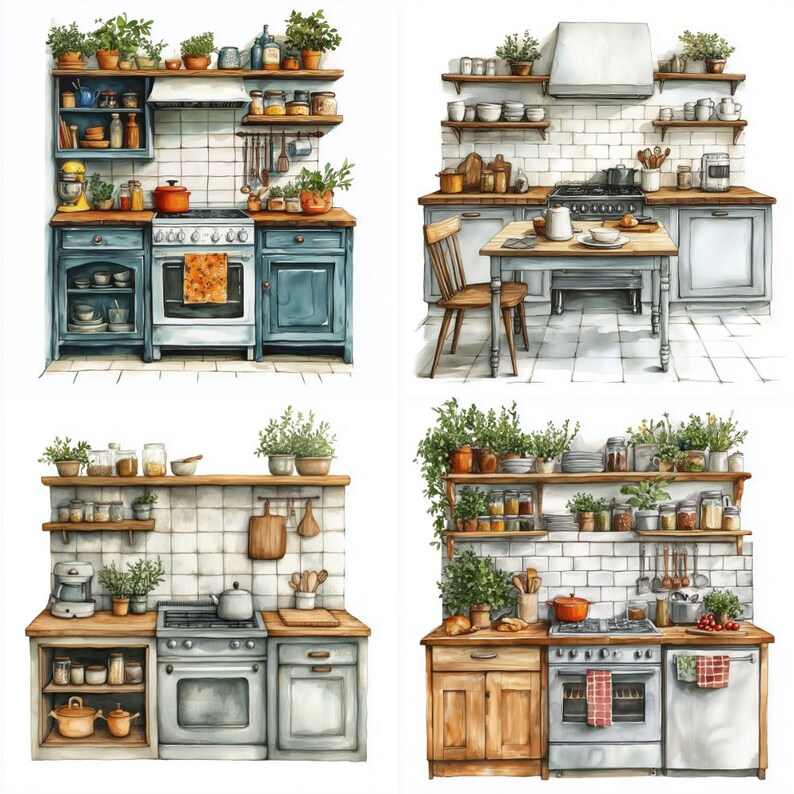 20 Cozy Kitchen Watercolor Clipart Set JPG, Digital Download, Junk ...