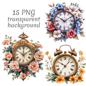 Puede incluir: Ilustraciones en acuarela de relojes antiguos rodeados de flores. Los relojes tienen números romanos y detalles ornamentados. La imagen incluye el texto "15 PNG transparent background". Las flores son en tonos rosa, azul y amarillo.