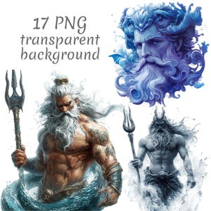 Puede incluir: Ilustraciones digitales de Poseidón, el dios griego del mar, con un tridente. Las imágenes son en tonos azules y grises, con un fondo transparente. El texto dice "17 PNG transparent background."