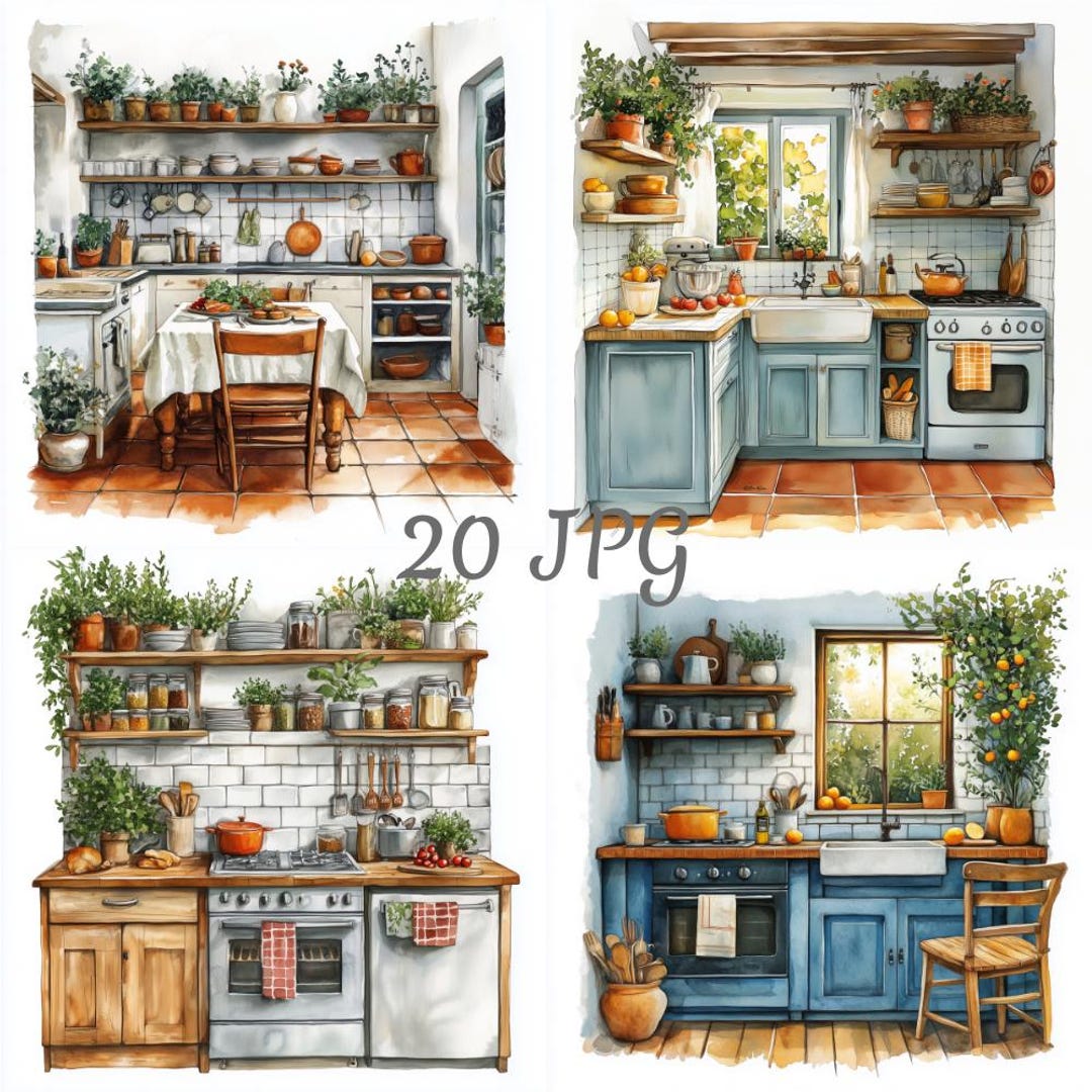 20 Cozy Kitchen Watercolor Clipart Set JPG, Digital Download, Junk ...