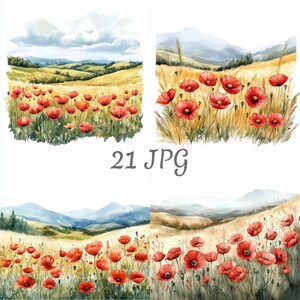 Puede incluir: Pinturas de acuarela de campos de amapolas en un paisaje. La obra presenta amapolas rojas en un campo de trigo, con colinas y un cielo nublado en el fondo. El texto "21 JPG" está en el centro.