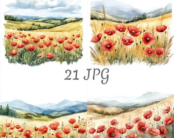 21 klaproos veld landschap aquarel clipart JPG, Digitale download, Junk Journals, Paper Craft, Aquarel, Kaarten maken, Scrapbooking