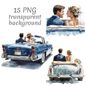 15 Wedding car with bride and groom Watercolor Clipart PNG, Digital Download, Junk Journals, Transparent Background High Quality Paper Craft