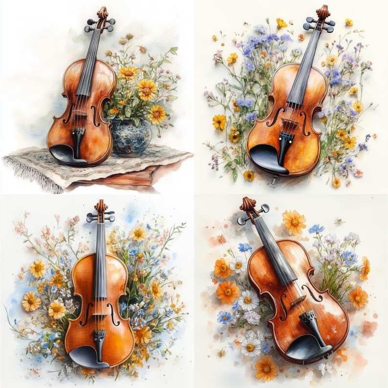 23 Violin and Flowers Watercolor Clipart JPG, Digital Download, Junk ...