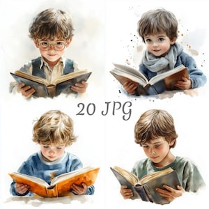 Könnte beinhalten: Aquarellillustrationen von vier jungen Kindern, die Bücher lesen. Die Kinder haben hellbraunes Haar und tragen verschiedene Outfits. Der Text "20 JPG" befindet sich in der Mitte des Bildes. Die Bücher sind aufgeschlagen, mit sichtbaren Seiten.