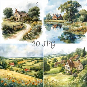 20 English landscape watercolor clipart JPG, Digital Download, Junk Journals, Paper Craft, Watercolor, Card Making, Clip Art, Scrapbooking
