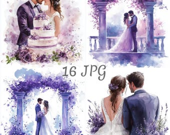 16 Pastell lila Hochzeit Aquarell Clipart JPG, Digital Download, Junk Journals, Papierhandwerk, Aquarell, Kartenherstellung, Scrapbooking