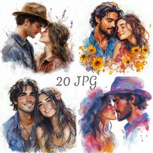 20 Romantic boho couple watercolor clipart JPG, Digital Download, Junk Journals, Paper Craft, Watercolor, Card Making, Scrapbooking