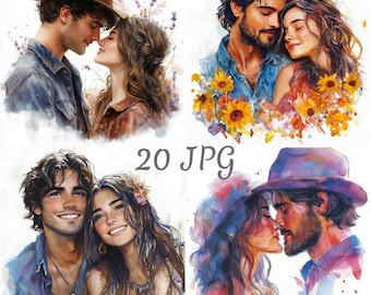 May include: Watercolor illustrations of romantic couples in various poses. Each image features a man and woman, with soft colors and floral accents. The text "20 JPG" is displayed in the center of the image.