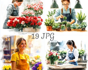 19 Female florist workin watercolor clipart JPG, Digital Download, Junk Journals, Paper Craft, Watercolor, Card Making, Scrapbooking