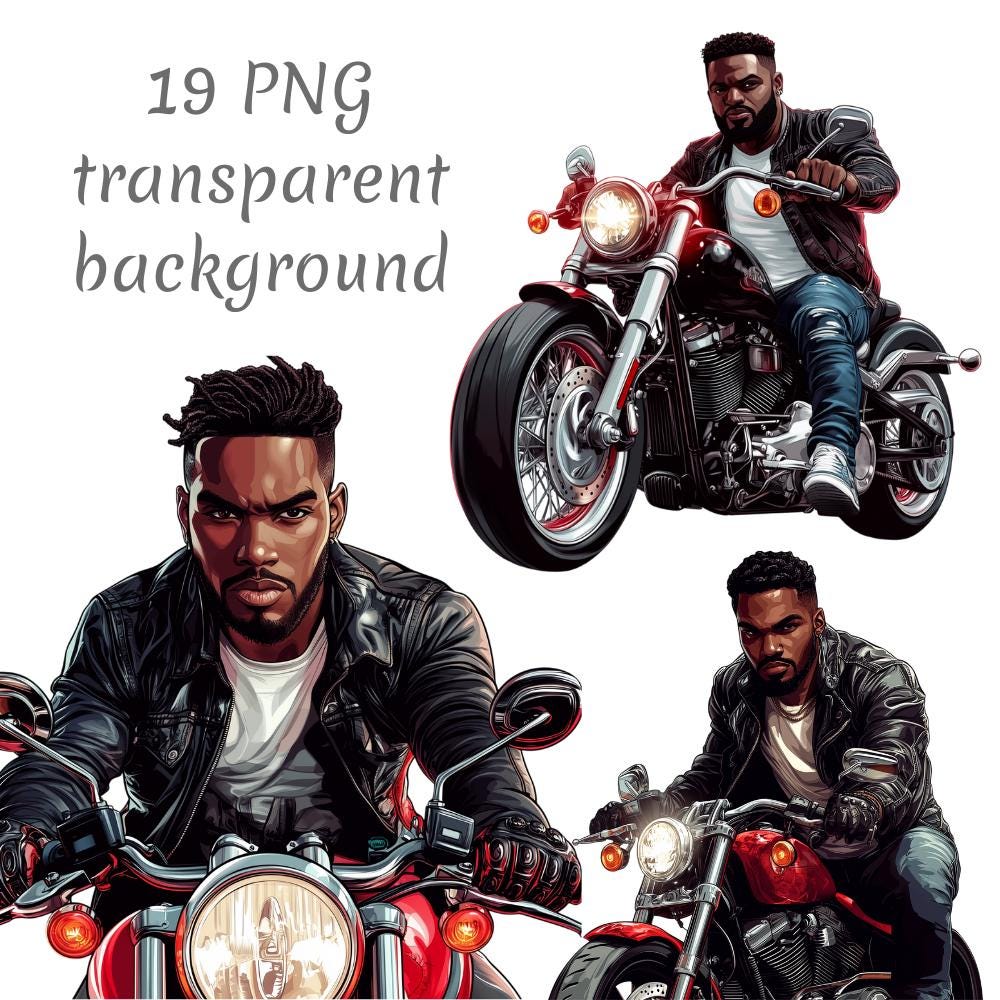 19 Cool African American Man on Motorcycle Clipart – Black Male Biker PNG – Rider Digital Download – Stylish Afro Guy on Bike Illustration