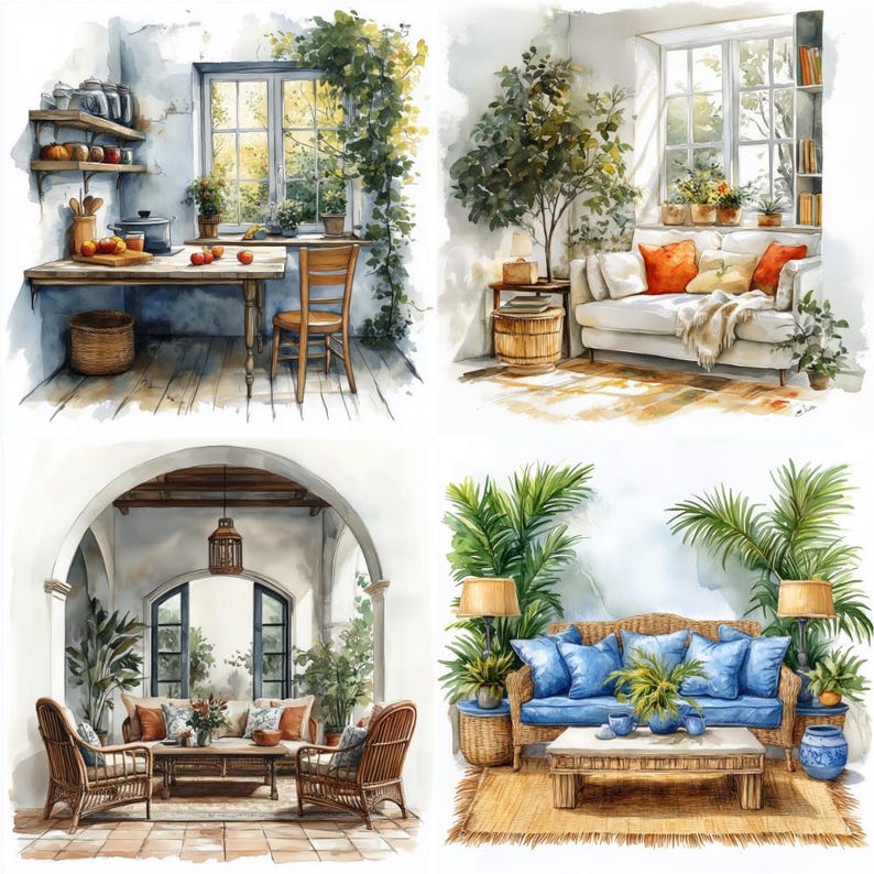 16 Cozy Interior Watercolor Clipart Set JPG, Digital Download, Junk ...