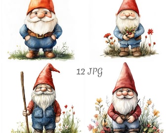May include: Four watercolour illustrations of gnomes with red hats and white beards. Each gnome is wearing blue overalls and is surrounded by green foliage and flowers.