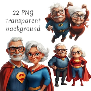 22 lustige Superheld Großeltern Clipart PNG, digitaler Download, Junk Journals, transparenter Hintergrund, Papiermodell, Kartenherstellung, scrapbooking