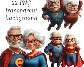 22 Funny Superhero Grandparents Clipart PNG, Digital Download, Junk Journals, Transparent Background, Paper Craft, Card Making, scrapbooking