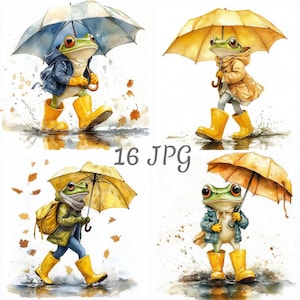 Puede incluir: Ilustraciones en acuarela de ranas con ropa de lluvia, cada una sosteniendo un paraguas. Las ranas llevan botas de agua y chaquetas amarillas, con el texto "16 JPG" visible.