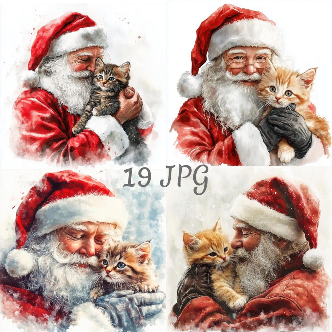 19 Santa and Kitten Watercolor Clipart JPG, Digital Download, Junk ...