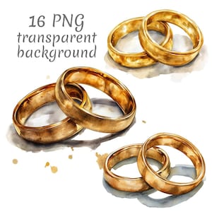 May include: A watercolour illustration featuring four pairs of gold wedding rings. The rings are rendered with detailed shading and highlights, set against a white background. The text "16 PNG transparent background" is visible in the upper left corner.