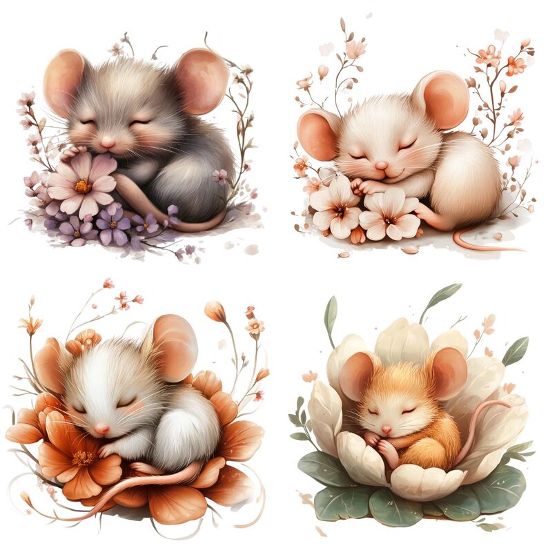 22 Sleeping Mouse in Flowers Clipart PNG, Digital Download, Junk ...