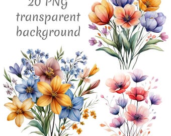 20 Watercolor spring flowers Clipart PNG. Digital Download, junk journals, transparent background, high quality, scrapbooking, Card Making