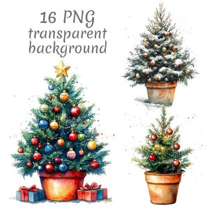 May include: Watercolour illustrations of Christmas trees in pots, decorated with baubles and a star. The trees feature red, blue, and gold ornaments. The image includes the text "16 PNG transparent background".