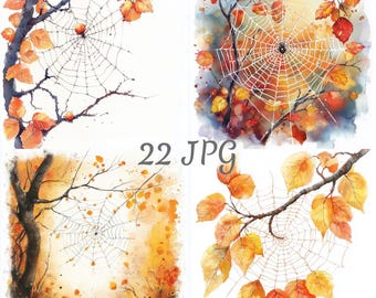 22 clipart de aquarela de teia de aranha de outono JPG, download digital, diários de lixo, artesanato em papel, criação de cartões, clip art, scrapbooking