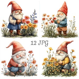 12 garden gnome with flowers clipart JPG, watercolor gnome clipart, Digital Download, Junk journals, Digital Paper Craft, Card Making