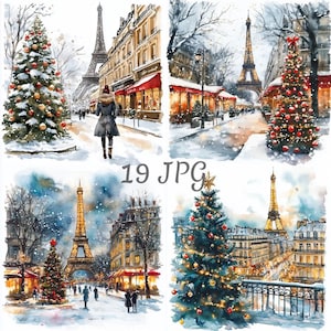 19 Christmas in Paris watercolor clipart JPG, Digital Download, Junk Journals, Paper Craft, Card Making, Clip Art, Scrapbooking