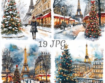 19 Christmas in Paris watercolor clipart JPG, Digital Download, Junk Journals, Paper Craft, Card Making, Clip Art, Scrapbooking