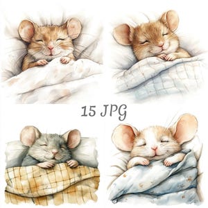 15 Jolie petite souris qui dort dans le lit clipart JPG, téléchargement numérique, journaux indésirables, créations en papier, aquarelle, fabrication de cartes, clipart